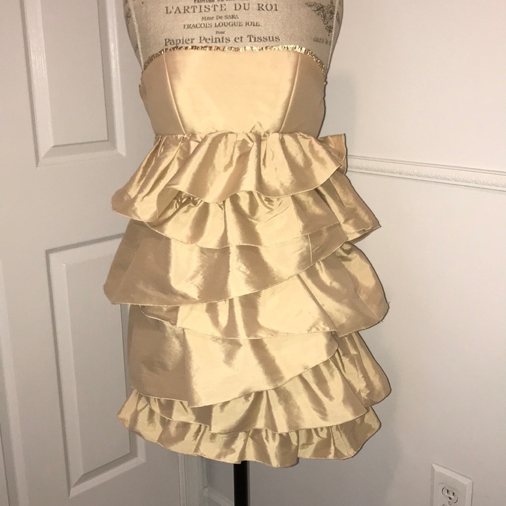 AQUA gold strapless dress